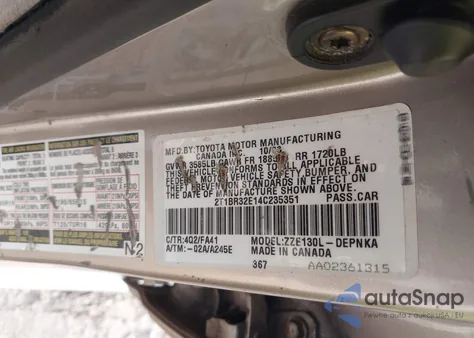 2004 Toyota Corolla Le из США, поврежденный, VIN 2T1BR32E14C235351